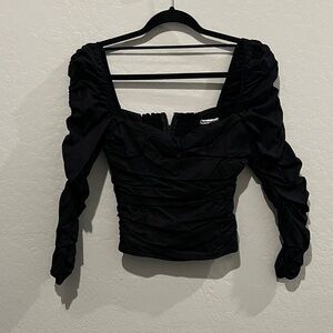 Reformation Black Ruched Puff Sleeve Corset Top Long Sleeve Cropped Bodycon Sz4